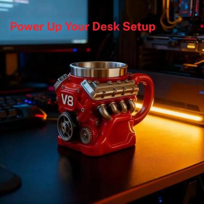 V8 Engine Themed Coffee Mug, Retro Style with Double-Walled Insulation, Suitable for Family Use