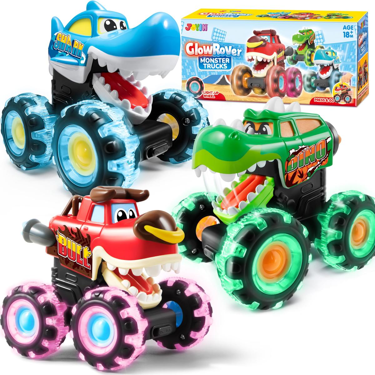 Kids Toys 3-Pack Monster Truck Toy – Motion-Activated Light-Up Cars