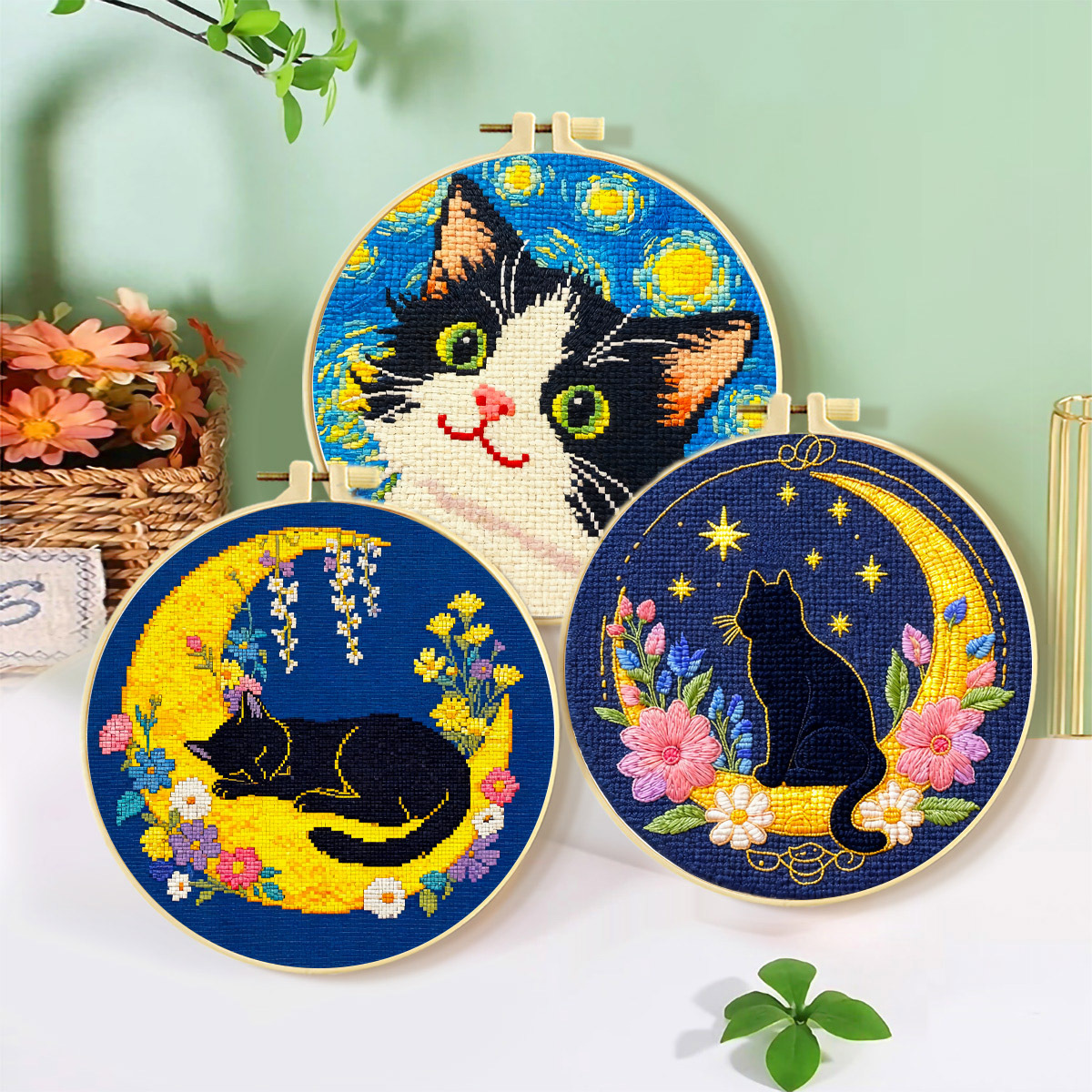 【Free Embroidery Tool Kit Included】9.45 × 9.45 in Cute Cat Floral DIY Embroidery, Handcrafted Cross-Stitch Animal Pattern, Includes Step-by-Step Tutorial, Easy for Beginners