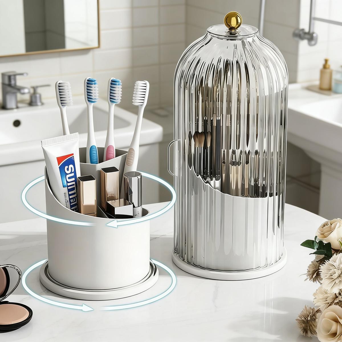 Toothbrush Holder with Lid, Dustproof 3-Slot Electric Toothbrush Organizer with 360° Rotation Keeps Bathroom Countertop Tidy, Waterproof & Durable