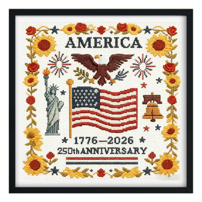 【Free Embroidery Tool Kit Included】14 × 14 in USA 250th Anniversary DIY Embroidery Kit, Includes Step-by-Step Tutorial, Easy for Beginners