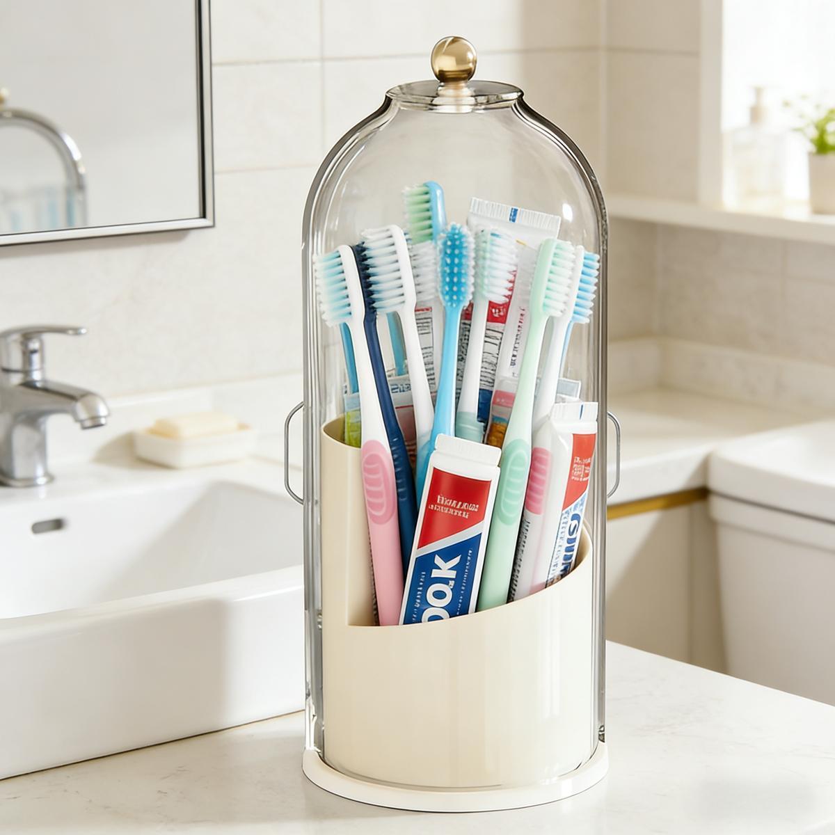 Toothbrush Holder with Lid, Dustproof 3-Slot Electric Toothbrush Organizer with 360° Rotation Keeps Bathroom Countertop Tidy, Waterproof & Durable