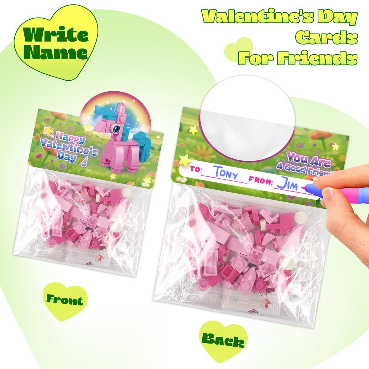 24 Pack Prefilled Valentine’s Day Building Blocks Party Favors Set with Valentine’s Day Cards, Ideal for Classroom and School Gift Exchanges