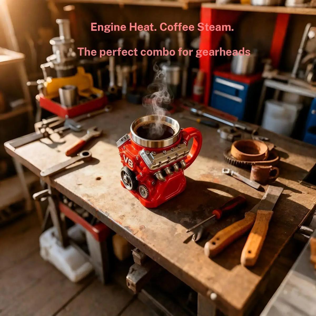 V8 Engine Themed Coffee Mug, Retro Style with Double-Walled Insulation, Suitable for Family Use