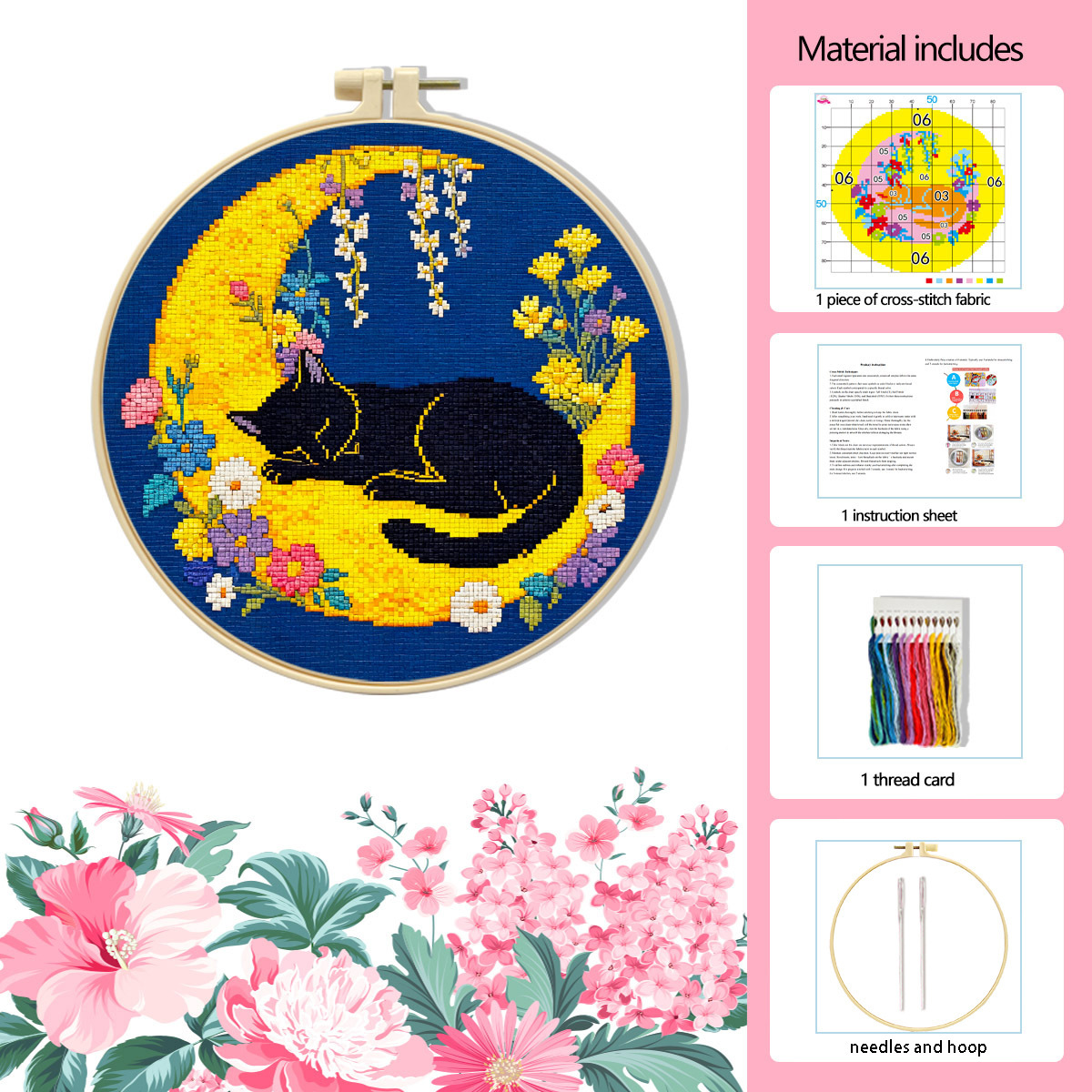 【Free Embroidery Tool Kit Included】9.45 × 9.45 in Cute Cat Floral DIY Embroidery, Handcrafted Cross-Stitch Animal Pattern, Includes Step-by-Step Tutorial, Easy for Beginners