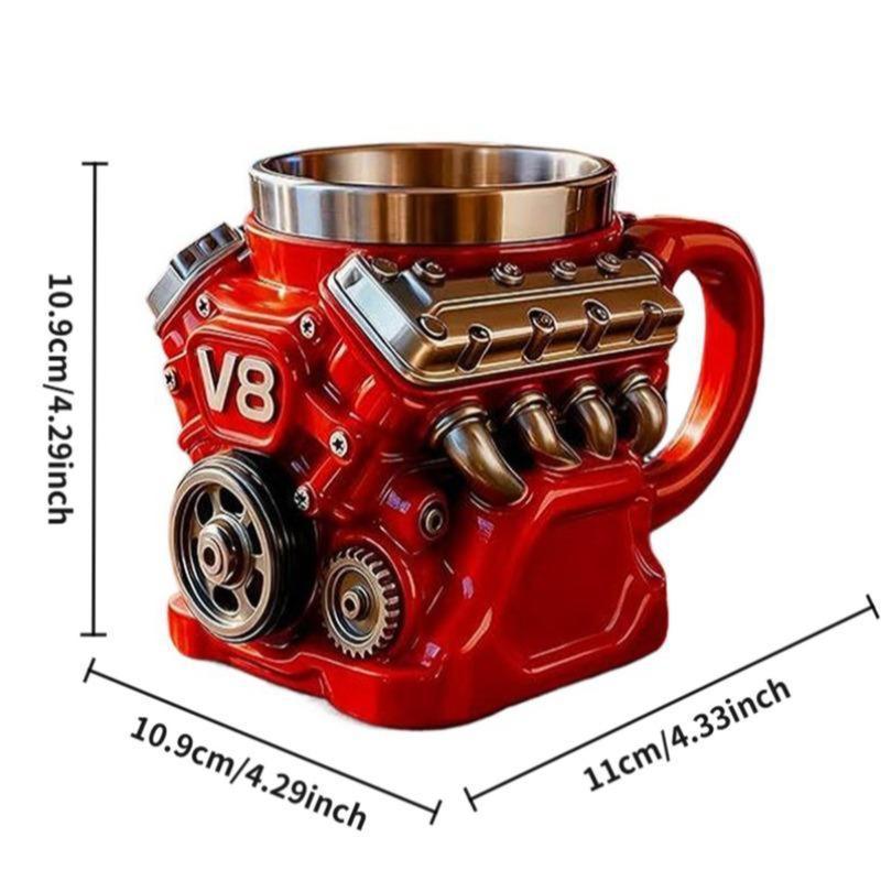 V8 Engine Themed Coffee Mug, Retro Style with Double-Walled Insulation, Suitable for Family Use