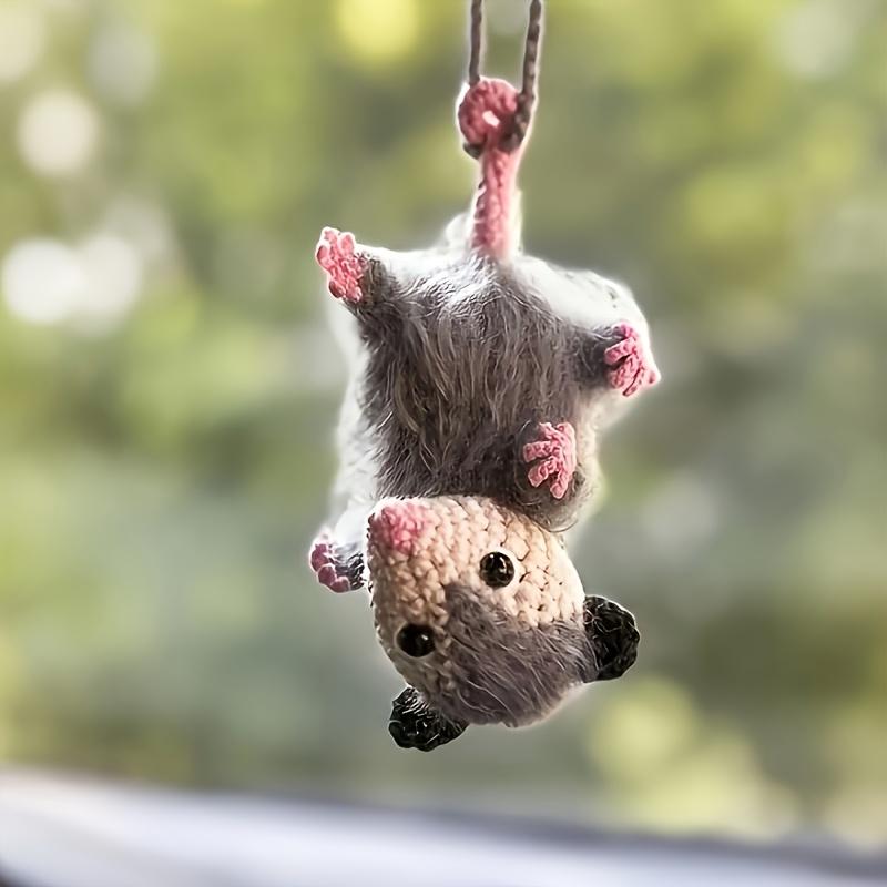 1pc Possum Hanging Ornament – Handmade Crocheted Pendant with Pink Paw Details, Swinging Rearview Mirror Decor