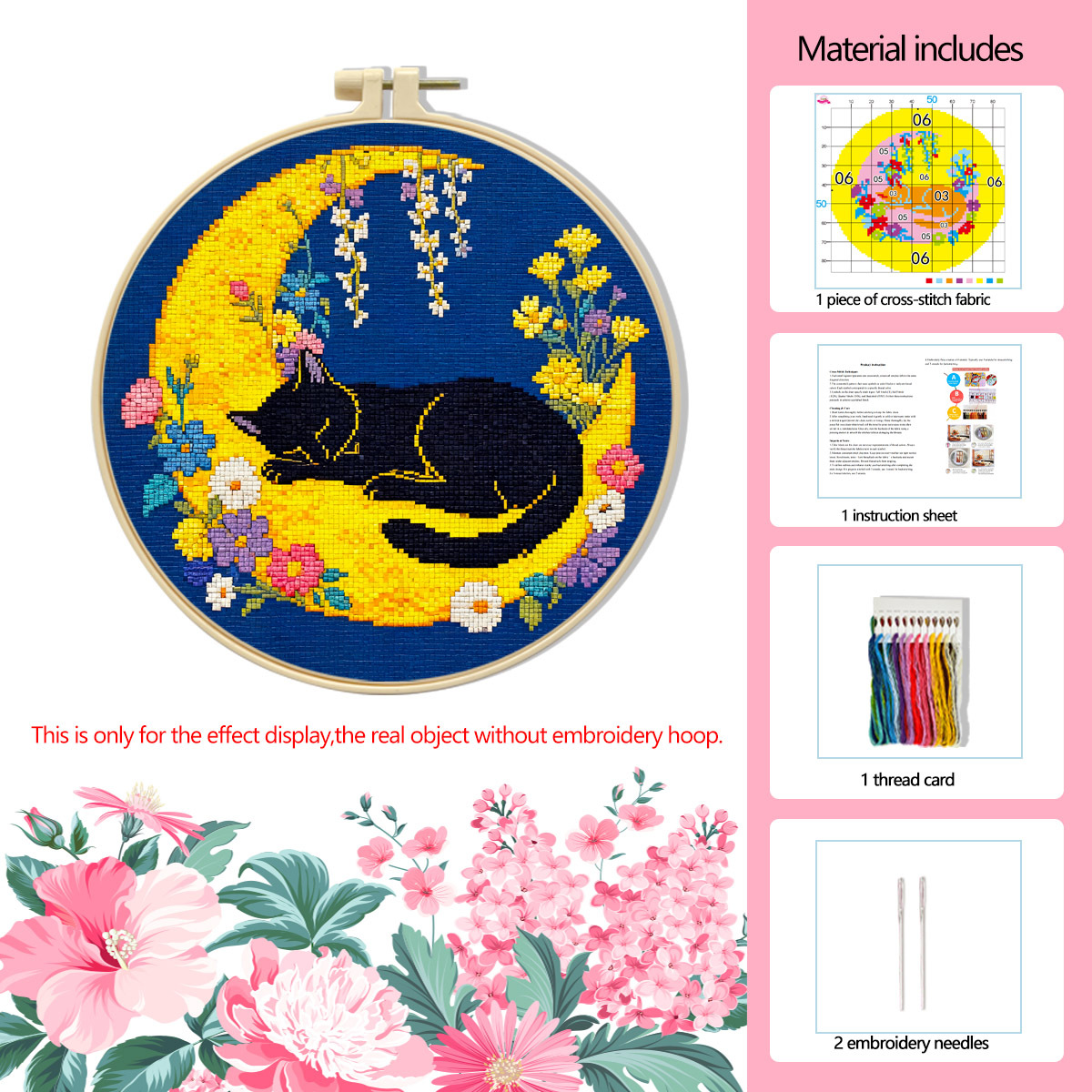 【Free Embroidery Tool Kit Included】9.45 × 9.45 in Cute Cat Floral DIY Embroidery, Handcrafted Cross-Stitch Animal Pattern, Includes Step-by-Step Tutorial, Easy for Beginners
