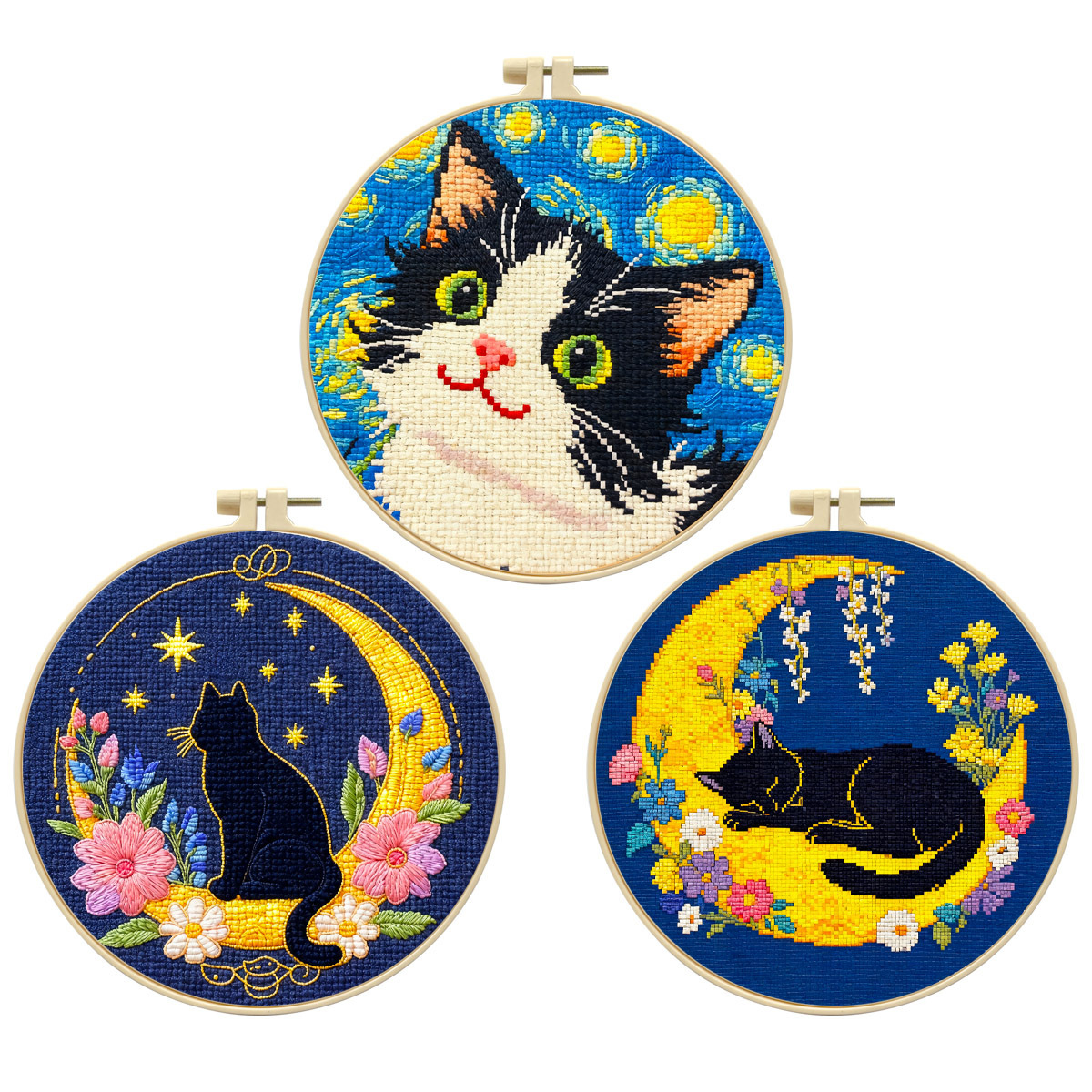 【Free Embroidery Tool Kit Included】9.45 × 9.45 in Cute Cat Floral DIY Embroidery, Handcrafted Cross-Stitch Animal Pattern, Includes Step-by-Step Tutorial, Easy for Beginners