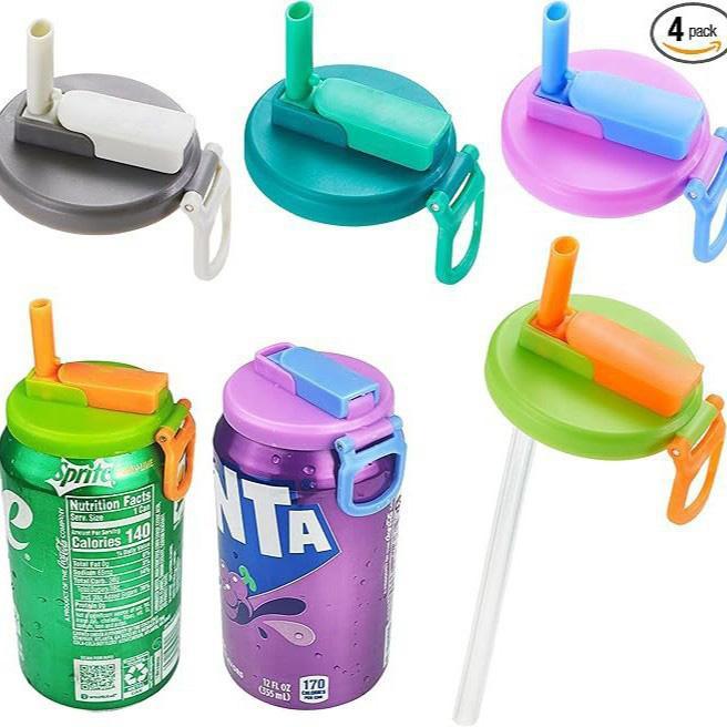 4-Pack Reusable Silicone Soda Can Lids with Straws, Fits Standard Cans, Perfect for Coke, Beer, Juice, and Energy Drinks, Ideal for Kids’ Daily Use, Beverage Gadget, Eco-Friendly Drinkware