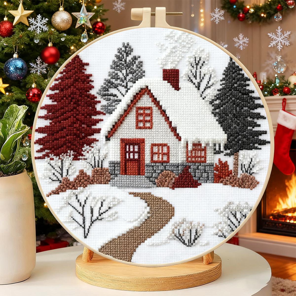 Handmade DIY Embroidery Toy Kit — Little Wooden House Design, Includes Wooden Frame, Complete Set of Needles and Threads, and Free Tutorials.Easy for Beginners to Start Crafting