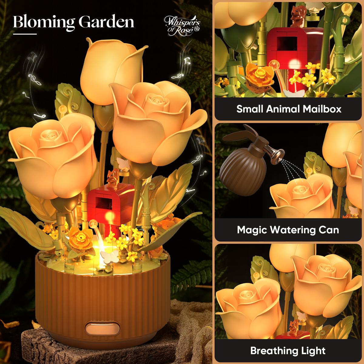 EN FLEUR Blooming Rose Building Blocks Set DIY Flower Kit with Light Blooming Motion Remote Watering Can Watering Sound Christmas Gift Home Decoration