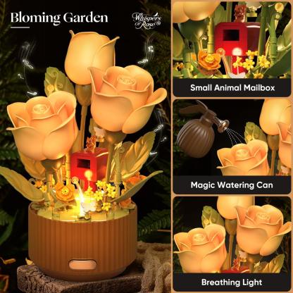 EN FLEUR Blooming Rose Building Blocks Set DIY Flower Kit with Light Blooming Motion Remote Watering Can Watering Sound Christmas Gift Home Decoration