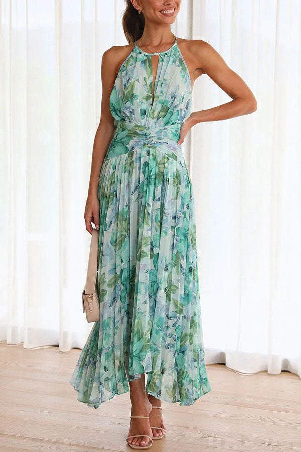 Sunny Forecast Floral Cutout Neck Pleated Midi Dress