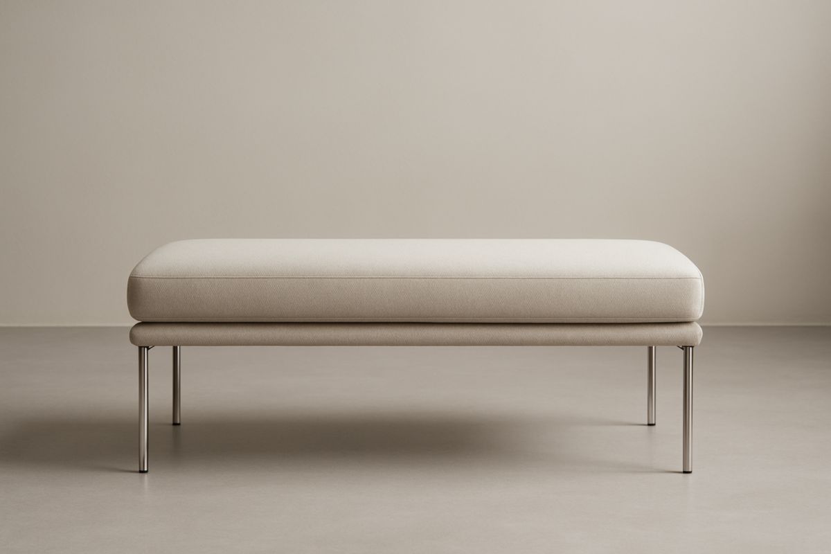 Panca in Tessuto Beige con Gambe in Acciaio Inox 140x60x45 cm, con cuscino