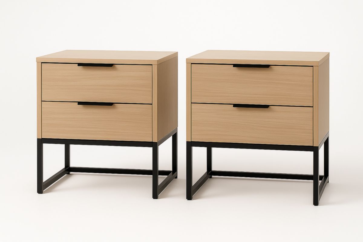 Set di Comodini in Rovere e Metallo con 2 Cassetti