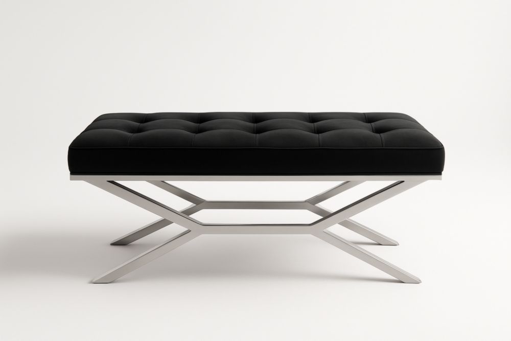 Panca imbottita in tessuto di poliestere nero e acciaio inox