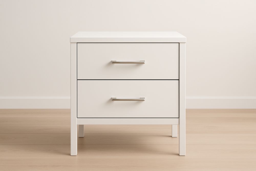 Comodino rettangolare bianco in MDF con due cassetti