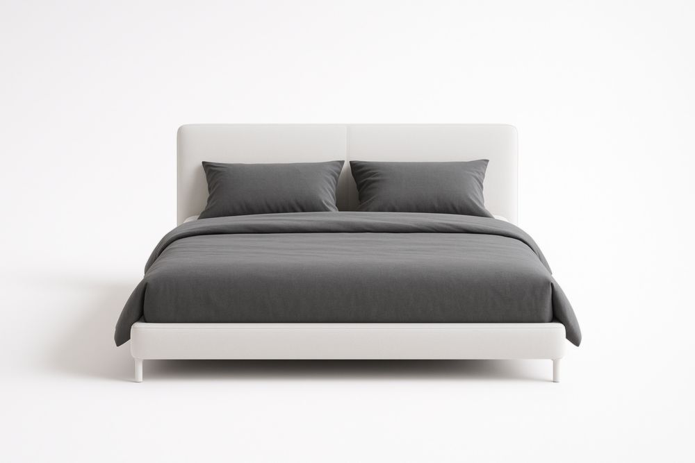 Letto matrimoniale in pelle sintetica bianca con biancheria grigia