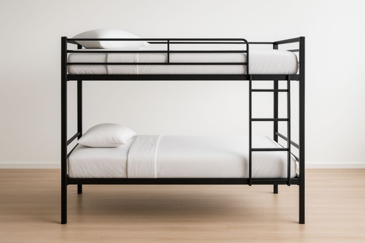 Letto a castello in metallo nero con scala