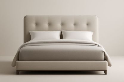 Letto matrimoniale imbottito in tessuto beige di poliestere con testiera