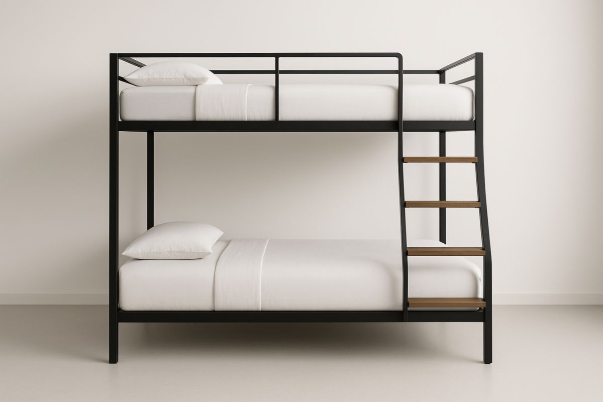 Letto a Castello in Metallo Nero con Gradini in Legno