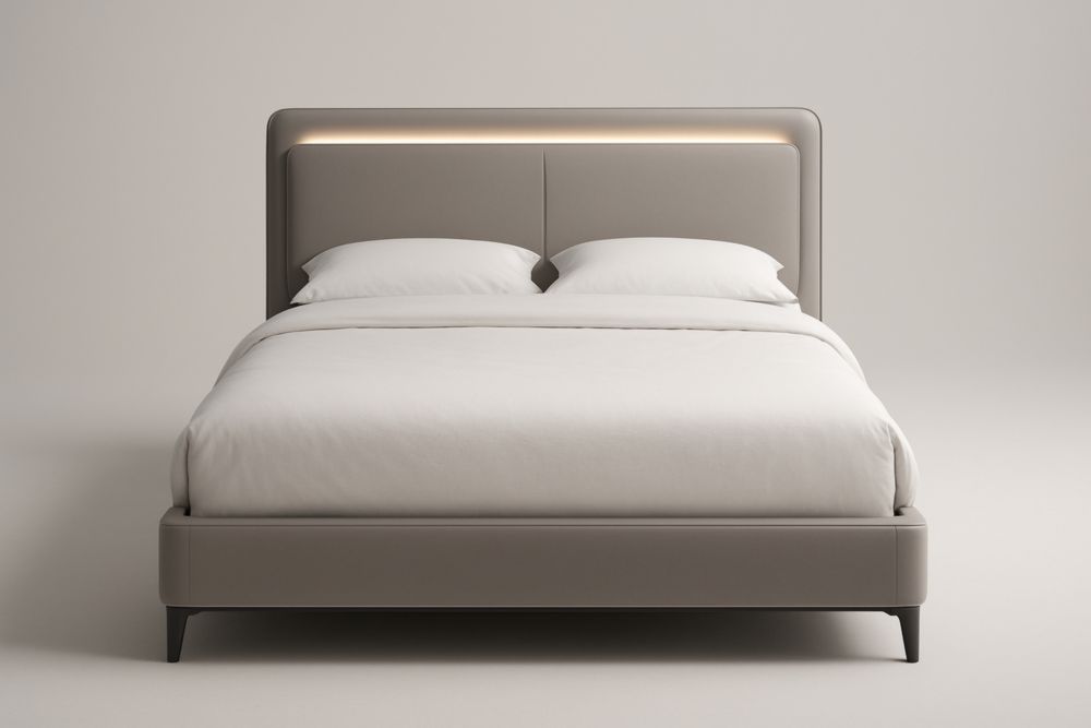 Letto matrimoniale in pelle sintetica grigio con illuminazione testiera