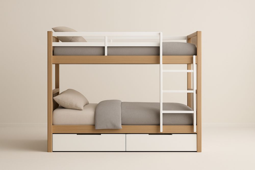 Letto a Castello in Legno massello con Scaletta Bianca e Cassetti 200x90 cm(Lu×L)