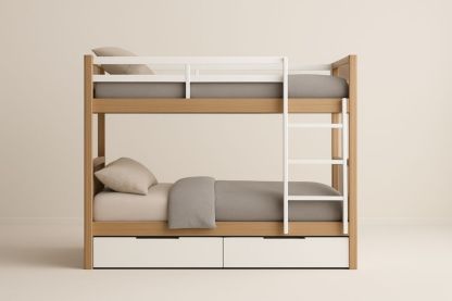 Letto a Castello in Legno massello con Scaletta Bianca e Cassetti 200x90 cm(Lu×L)