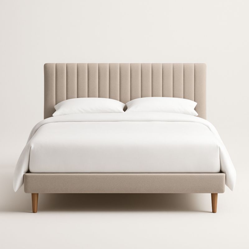 Letto matrimoniale in tessuto beige con gambe in legno