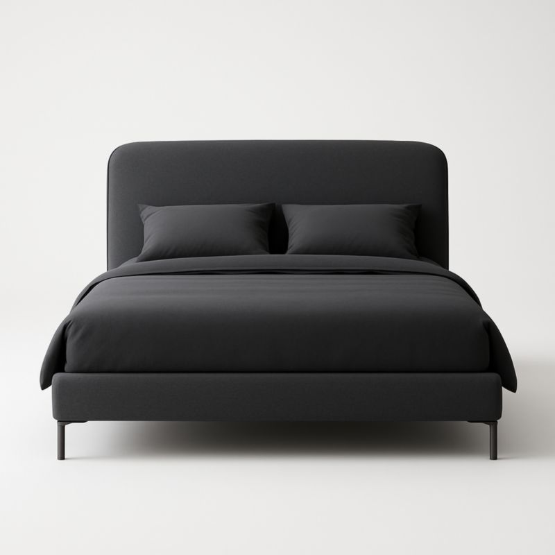 Letto matrimoniale in tessuto nero con struttura in legno e gambe in metallo