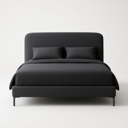 Letto matrimoniale in tessuto nero con struttura in legno e gambe in metallo