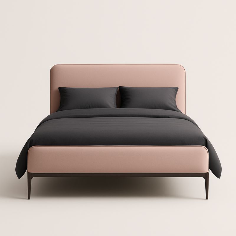 Letto matrimoniale in tessuto rosa con struttura in legno e gambe in metallo 160x200 cm