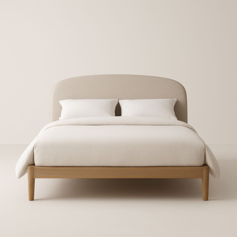 Letto matrimoniale in legno massello con testiera in tessuto poliestere crema 200x160 cm