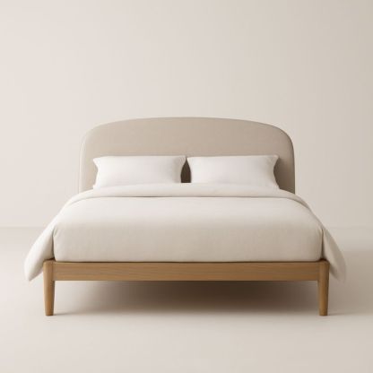 Letto matrimoniale in legno massello con testiera in tessuto poliestere crema 200x160 cm