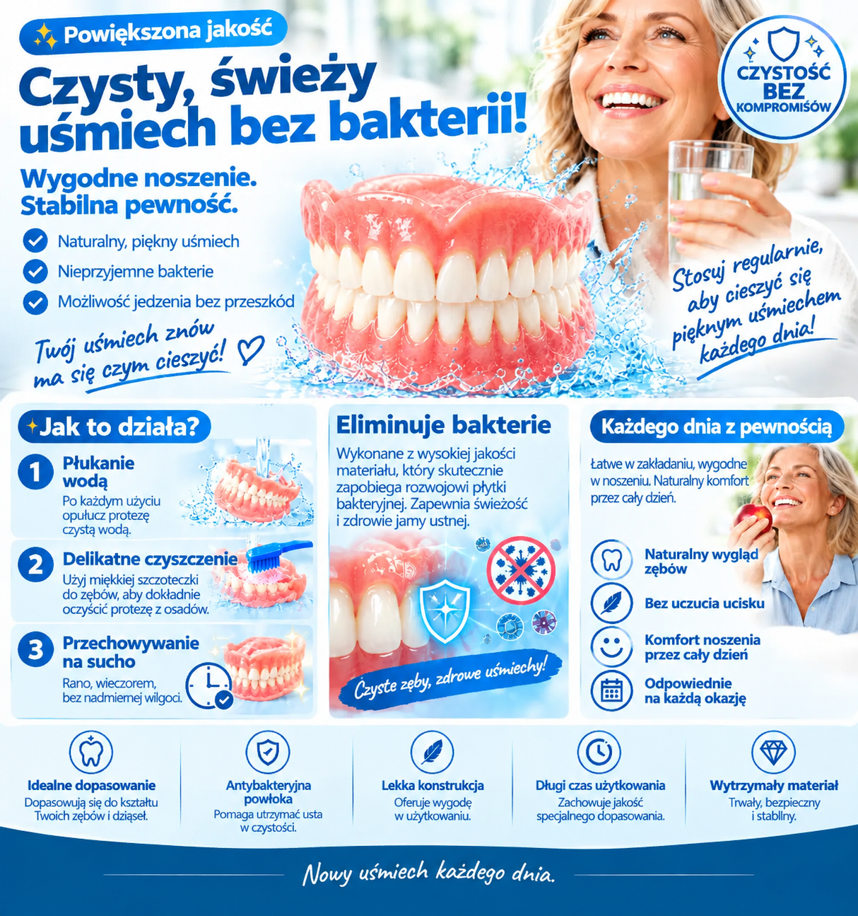 Protezy dentystyczne wykonane z żywicy PMMA – naturalny odcień, wysoka trwałość i komfortowe dopasowanie do jamy ustnej.