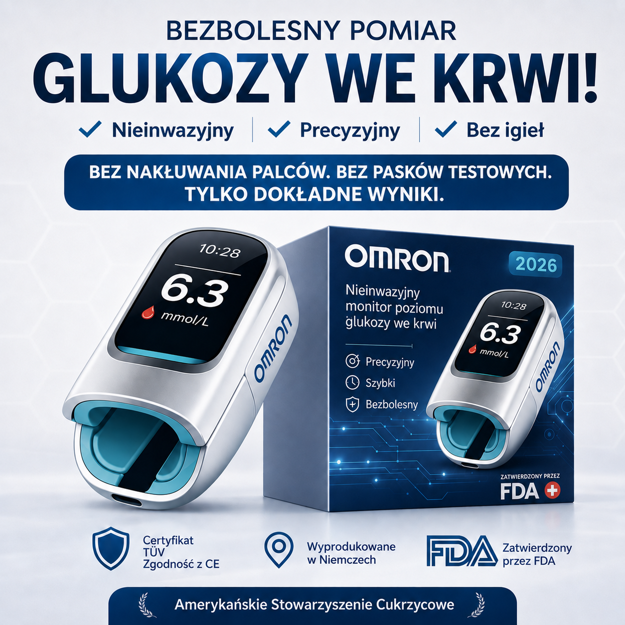 🔥 Koniec z igłami i bólem! | Nieinwazyjny glukometr Omron™ – łatwy i dokładny pomiar poziomu glukozy we krwi, gdziekolwiek jesteś 🔥