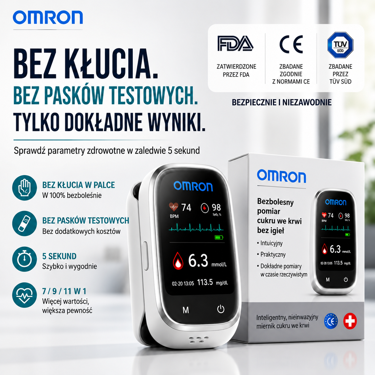 🩸 Omron™ 11-w-1 bezigłowy glukometr • Bez nakłuwania • Bez pasków testowych • Wyniki w zaledwie 5 sekund