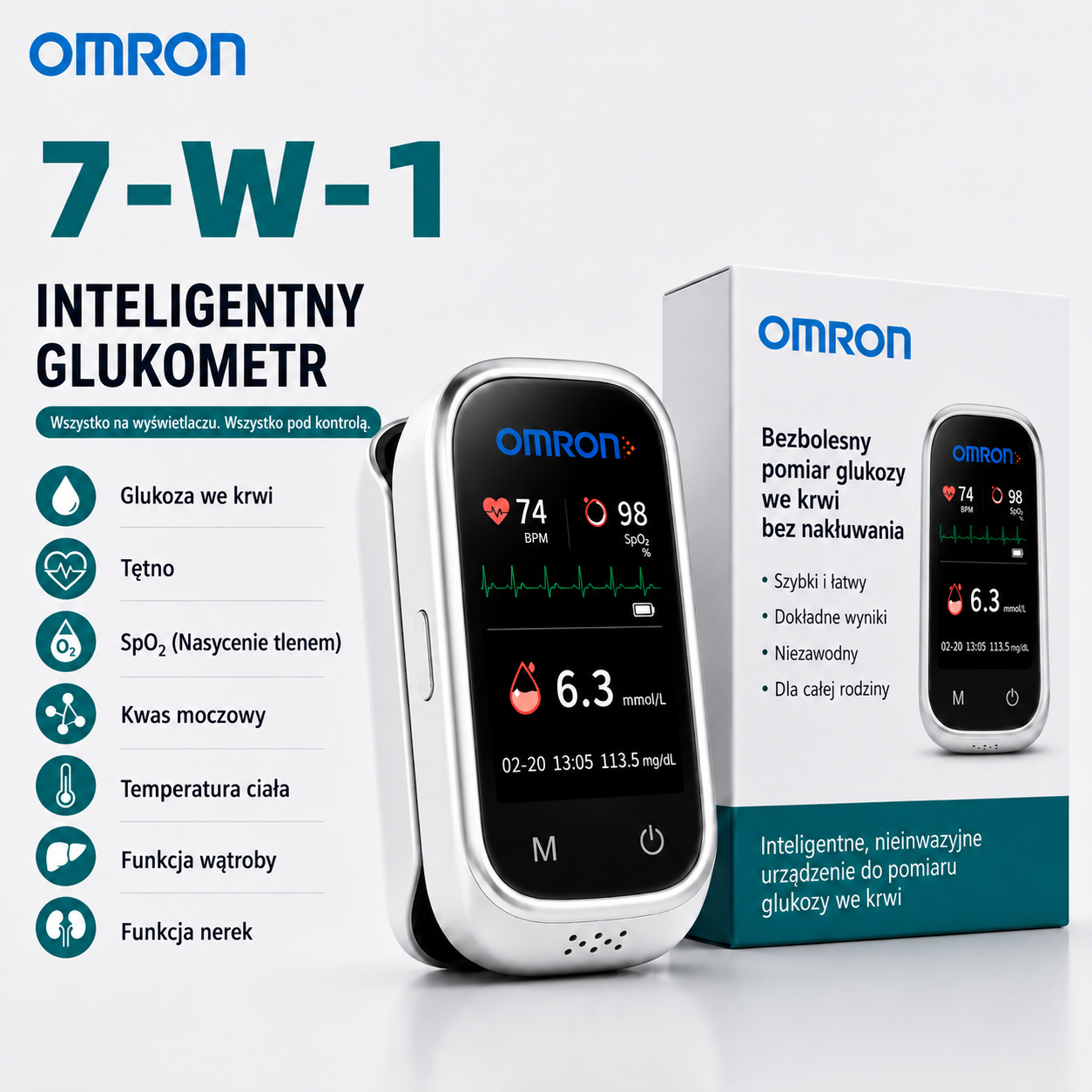 🩸 Omron™ 11-w-1 bezigłowy glukometr • Bez nakłuwania • Bez pasków testowych • Wyniki w zaledwie 5 sekund