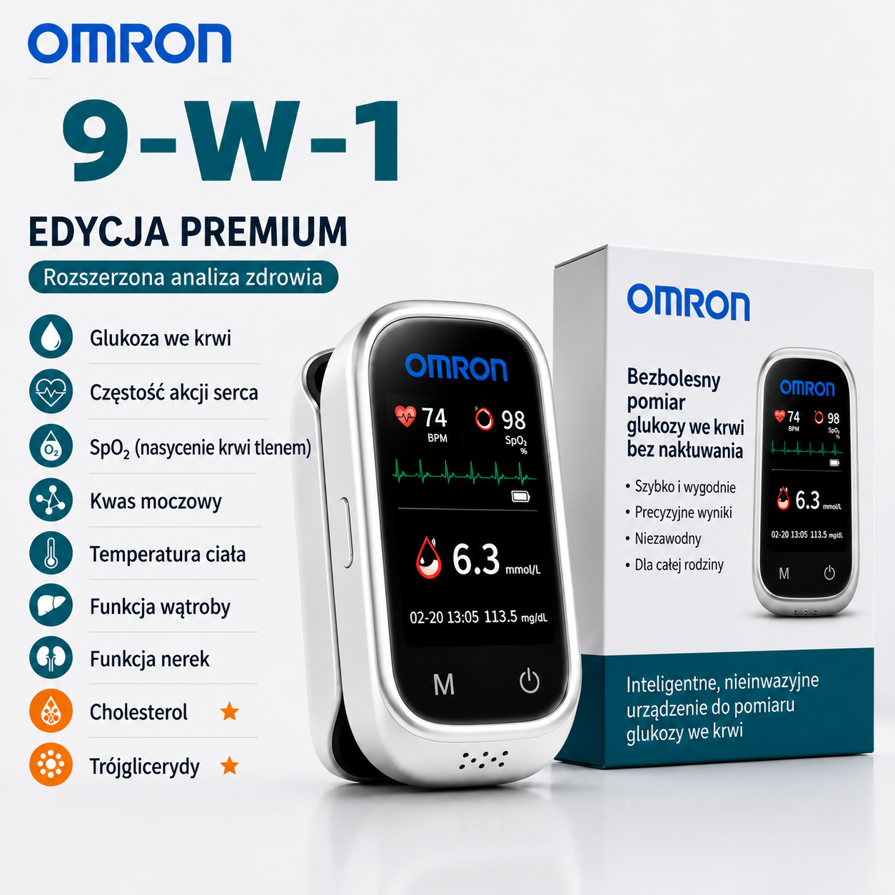 🩸 Omron™ 11-w-1 bezigłowy glukometr • Bez nakłuwania • Bez pasków testowych • Wyniki w zaledwie 5 sekund