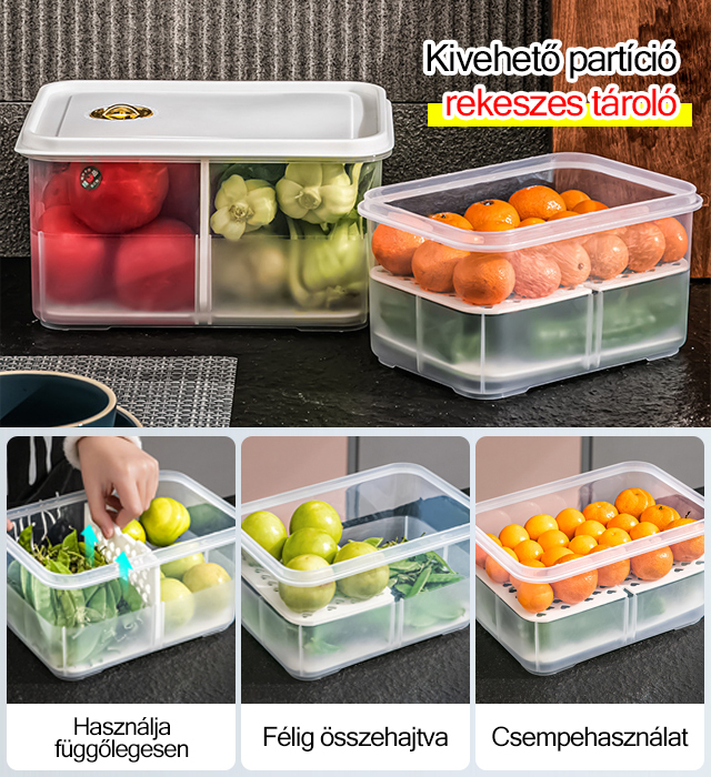 Egymásra rakható átlátszó lefolyórekeszes frissen tartó edény