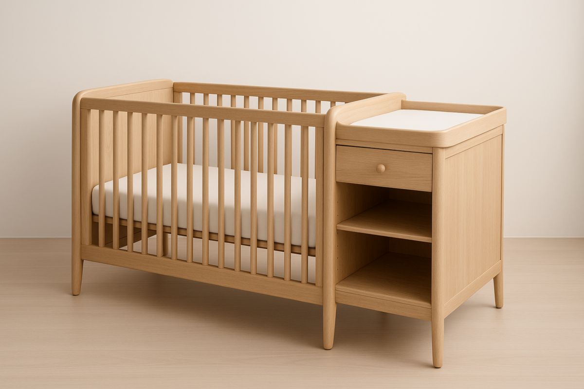 Lit bébé en bois massif avec table à langer intégrée beige