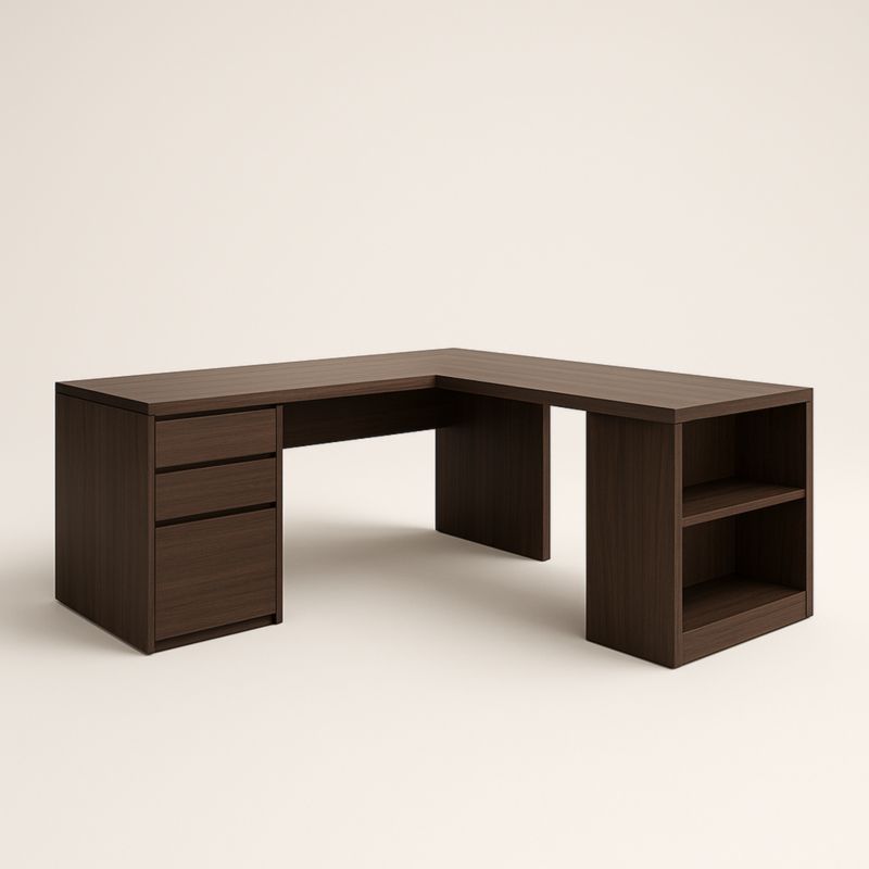 Bureau d'angle en bois aggloméré brun avec tiroirs et étagères