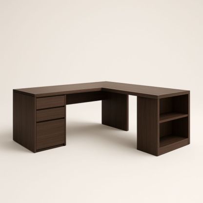 Bureau d'angle en bois aggloméré brun avec tiroirs et étagères