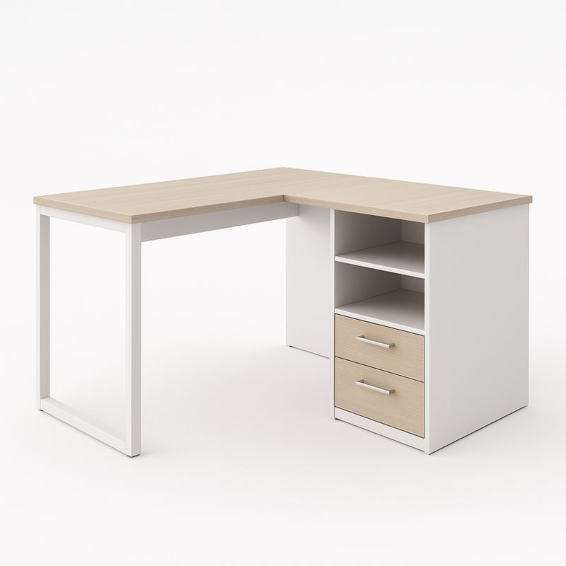 Bureau d'angle en panneaux de particules avec tiroirs et étagères Bois clair/Blanc