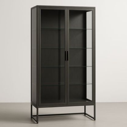 Vitrine en verre et métal noir 2 portes avec étagères réglables