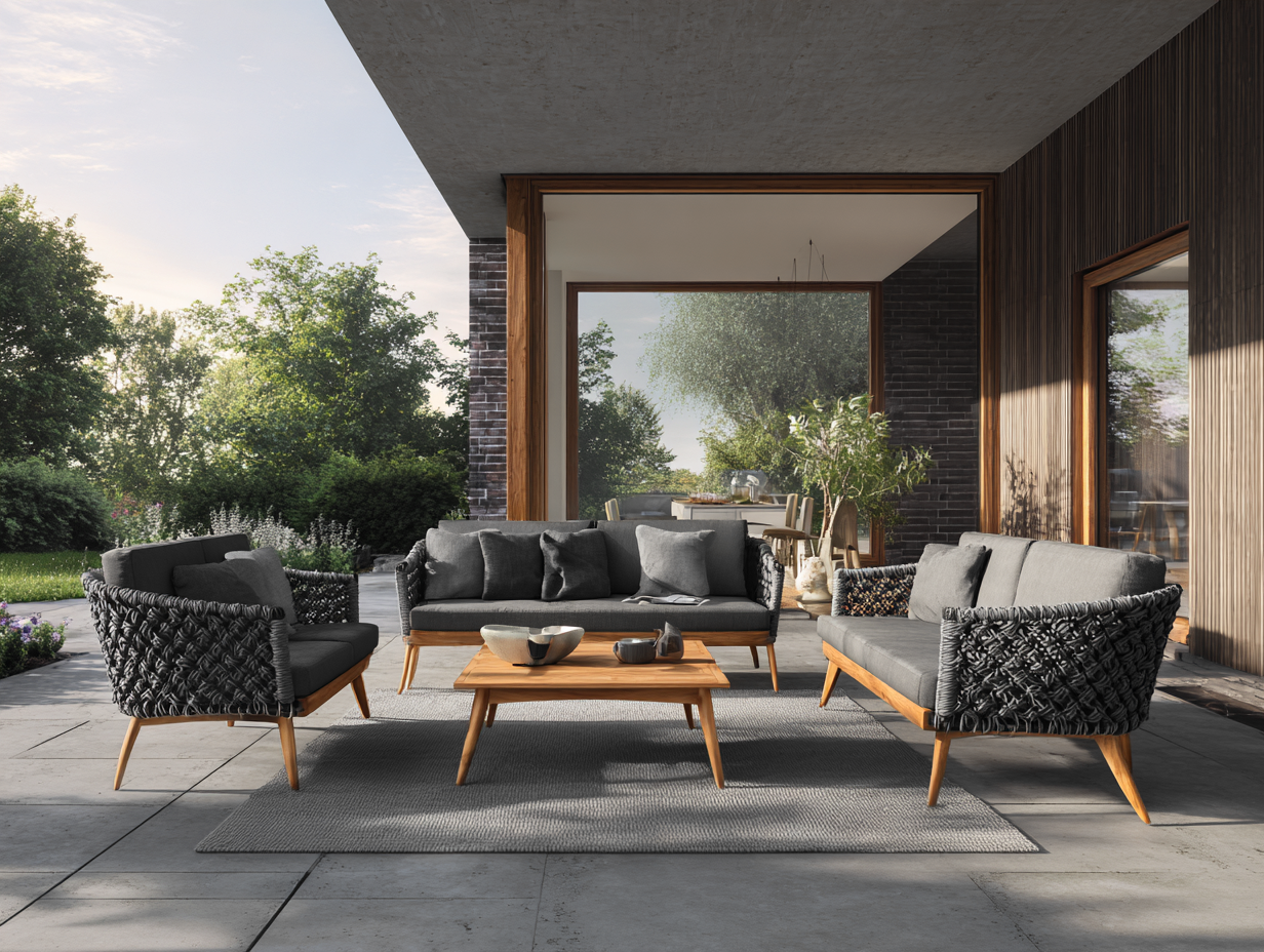 Conjunto de sofá y sillón de jardín en cuerda trenzada - sofá 190x85x78 cm - gris/negro - para exterior - diseño moderno