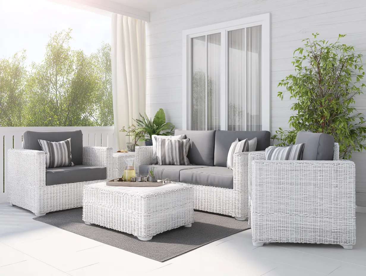 Conjunto de sofá y sillón de exterior ratán sintético - sofá 160x82x75cm - blanco/gris - jardín estilo moderno
