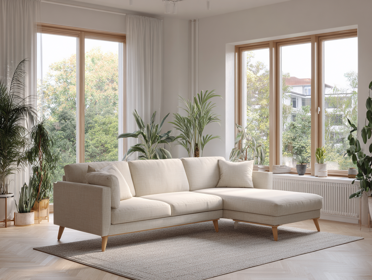 Sofá rinconera tapizado en tela 280x170x80cm - beige/madera natural - salón moderno