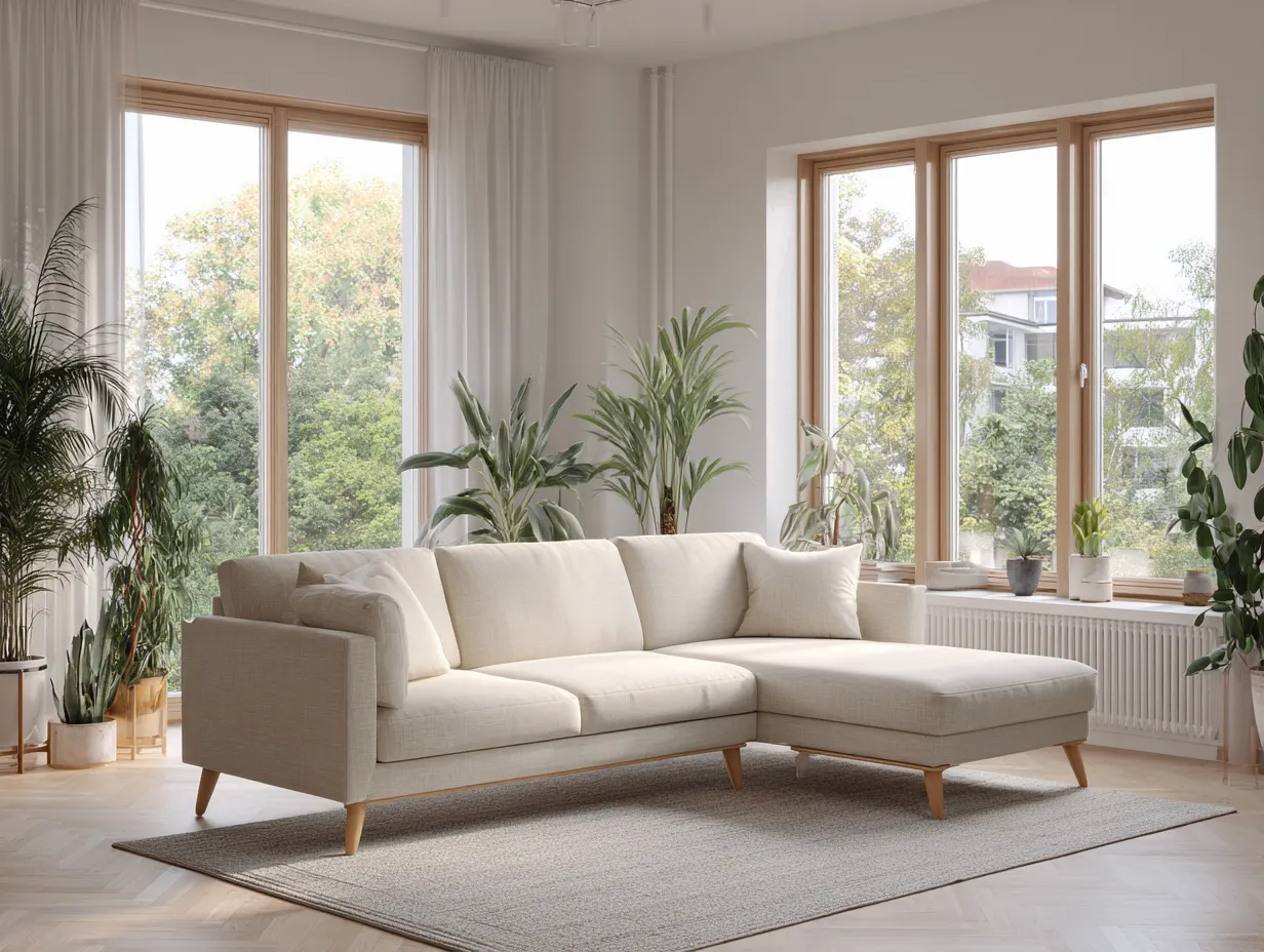 Sofá rinconera tapizado en tela 280x170x80cm - beige/madera natural - salón moderno